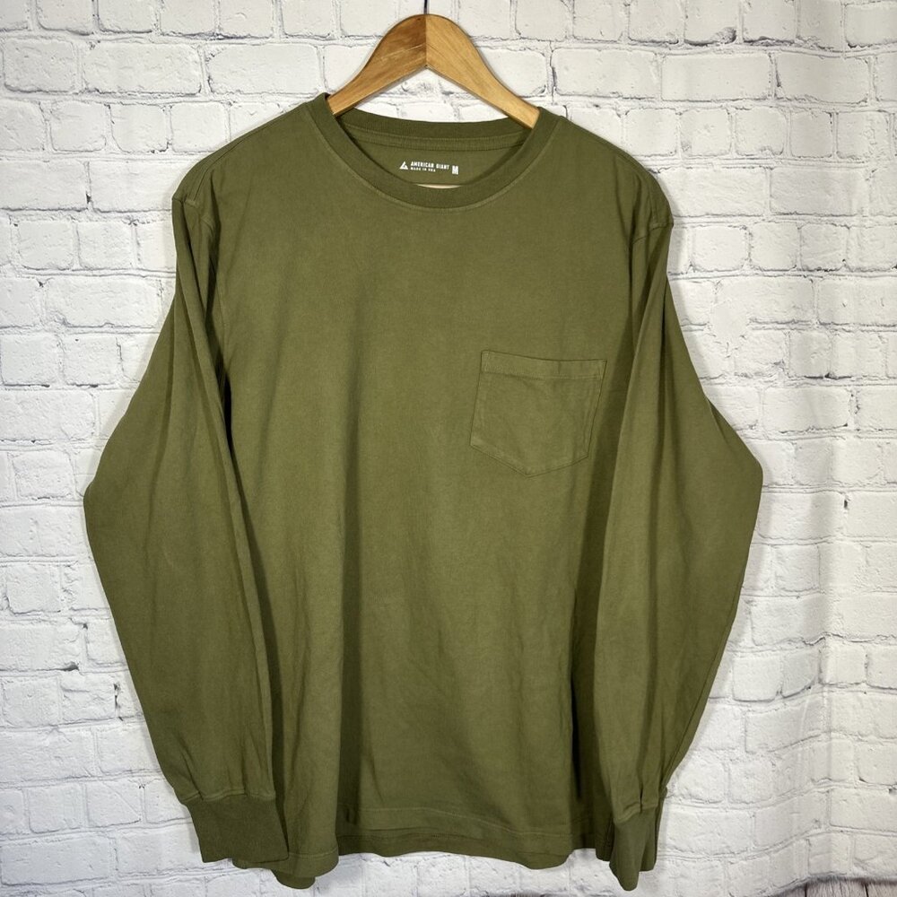 American Giant Mens Long Sleeve Pocket Tee Green Cotton Medium Made USA
